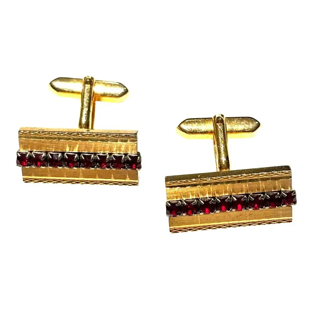 Vintage Mid Century Textured Gold Cufflinks rectangles with red rhinestones